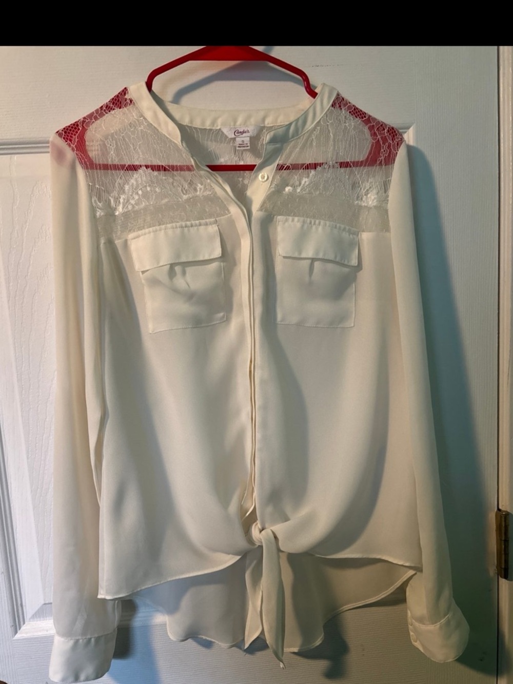 Candie’s Cream Lace Yoke Tie-Front Blouse